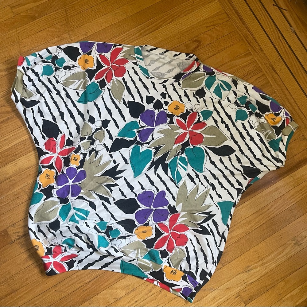 Vintage 80s Oversized Floral Tunic Top Batwing Sleeve Artsy Abstract